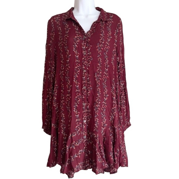 Free People burgundy floral long sleeve button down shirtdress with pockets, XS - Picture 5 of 14